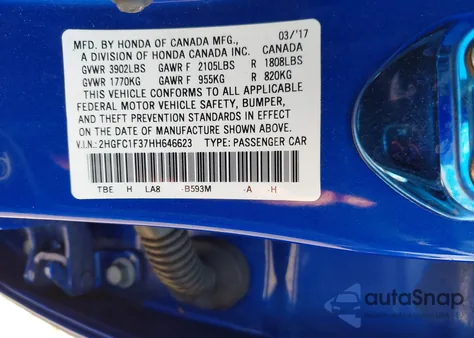 2017 Honda Civic Ex-T from USA, damaged, VIN 2HGFC1F37HH646623